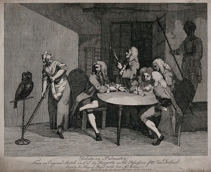 Five men congregated round a table, two of whom hold out the palm of their hands. Etching by J. Haynes after W. Hogarth, 1782.