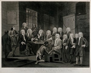 view Thomas Bambridge, warden of the Fleet prison, before a committee of the House of Commons visiting the prisons. Engraving by T. Cook after W. Hogarth.