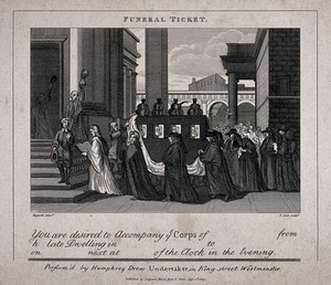 view A funeral procession entering a church. Etching by T. Cook after W. Hogarth.