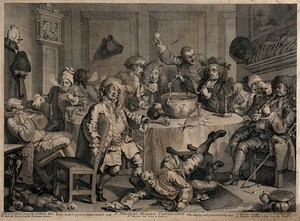 view A drunken party with men smoking, sleeping and falling to the floor. Engraving by W. Hogarth.