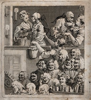 The inside of a theatre and the reactions of different parts of the audience to the unseen play. Etching by W. Hogarth.