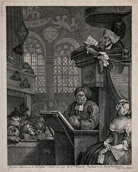 A sleepy congregation in a country church with one clergyman reading the serman with the aid of a magnifying glass and the other ogling a sleeping woman. Engraving by W. Hogarth.