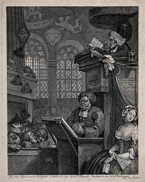 view A sleepy congregation in a country church with one clergyman reading the serman with the aid of a magnifying glass and the other ogling a sleeping woman. Engraving by W. Hogarth.