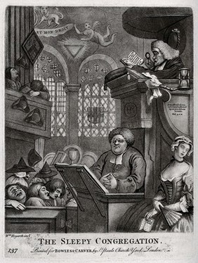 A clergyman reads the sermon with the aid of a magnifying glass to a sleeping congregation while another clergyman ogles a sleeping woman; satire on tedious sermons and the replacement of spirituality by sleep. Mezzotint after W. Hogarth.