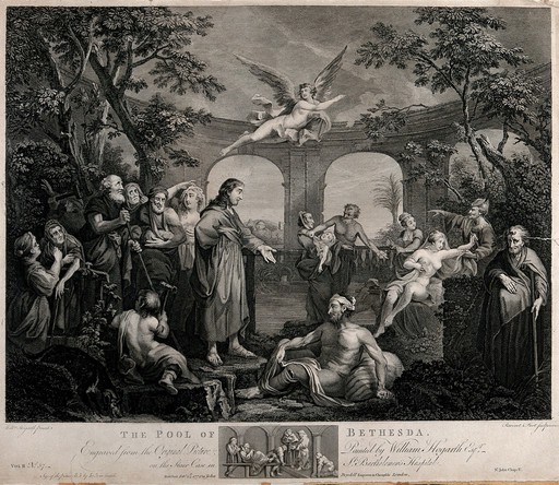 Christ cures the paralytic at the therapeutic pool at Bethesda. Engraving by S.F. Ravenet and V.M. Picot after W. Hogarth.