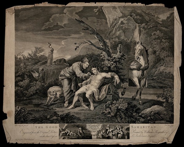 The good Samaritan tending to a wounded man while a priest and a Levite walk on by. Engraving by T. Cook after W. Hogarth.