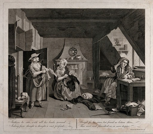 The distressed poet. An angry milkmaid is collecting money from the poet's abode. Engraving by T. Cook after W. Hogarth.