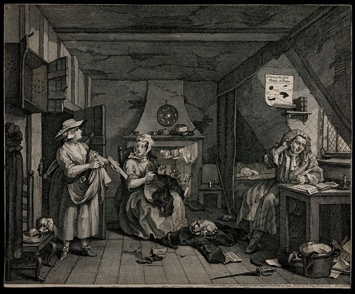 The distressed poet is visited in his abode by an angry milkmaid collecting outstanding money. Engraving by W. Hogarth.