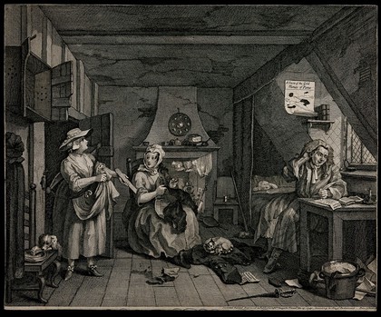 The distressed poet is visited in his abode by an angry milkmaid collecting outstanding money. Engraving by W. Hogarth.