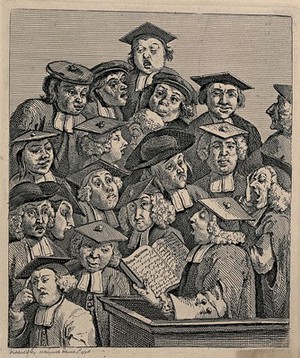 view Scholars at a lecture. Engraving by W. Hogarth.