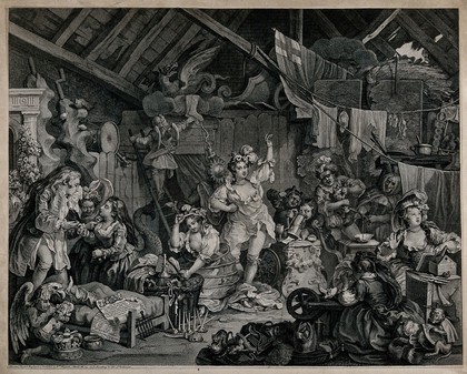 Strolling actresses dressing in a barn, a look behind the scenes of a backstage dressing room. Engraving by W. Hogarth.