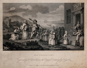 view Foundling Hospital: Captain Coram and several children, the latter carrying implements of work, a church and ships in the distance. Steel engraving by H. Setchell after W. Hogarth.
