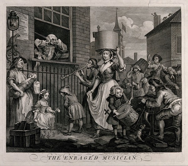 The enraged musician: a street crowd with a ballad singer is creating such a noise that the musician in the window has to put his hands over his ears. Engraving by W. Hogarth, 1741.