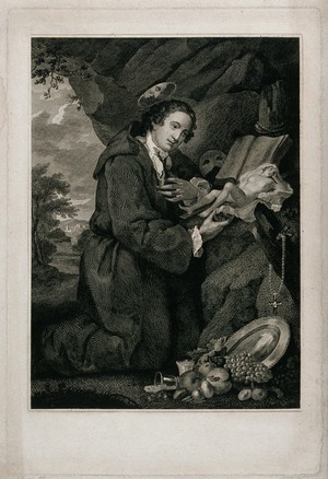 view Sir Francis Dashwood at his devotions. Engraving attributed to W. Platt after W. Hogarth.