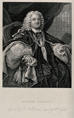 view Benjamin Hoadly, Bishop of Winchester. Steel engraving by B. Holl after W. Hogarth.