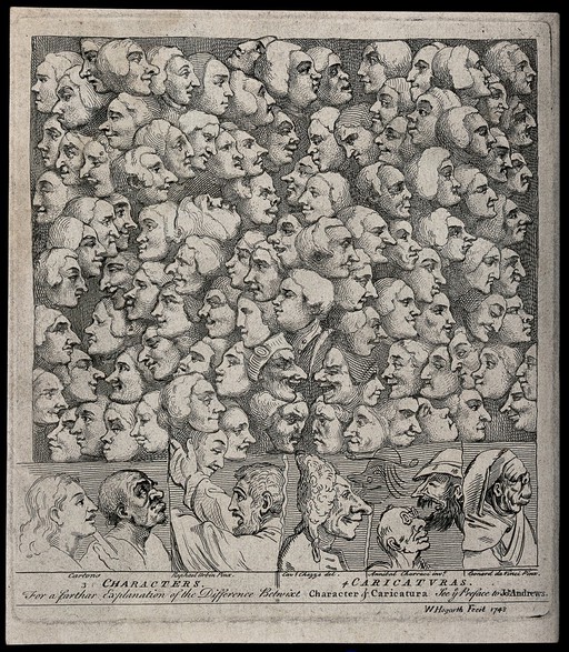 Characters and caricatures; the idealized heads of St. John and St. Paul are contrasted with grotesque heads, above them rises a cloud of faces showing different expressions. Etching by W. Hogarth.