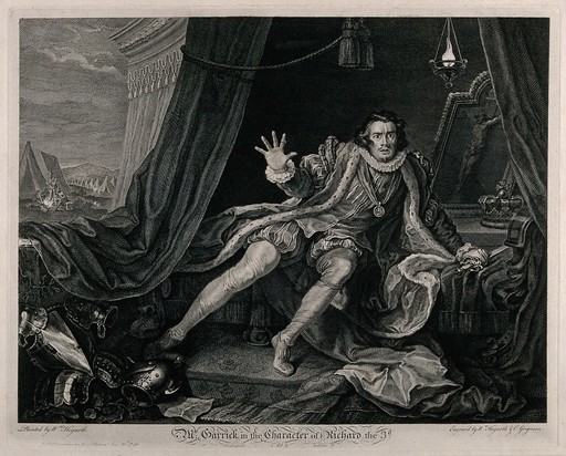 David Garrick (1717-1779) in the rôle of Richard III, awakening from his dream in the tent with military activities in the background. Etching by W. Hogarth and C. Grignion after W. Hogarth.