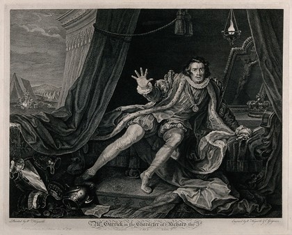 David Garrick in the rôle of Richard III, awakening from his nightmare in the tent with military activities in the background. Etching by W. Hogarth and C. Grignion after W. Hogarth.