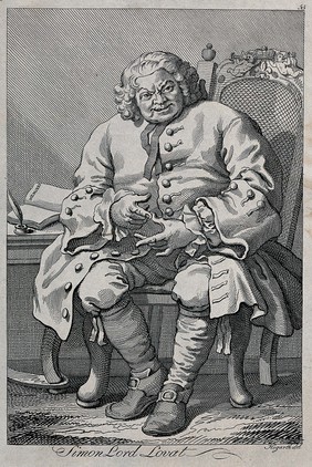 Simon Fraser, Lord Lovat (1667-1747), counting off the clans that fought for the Pretender. Etching after W. Hogarth.