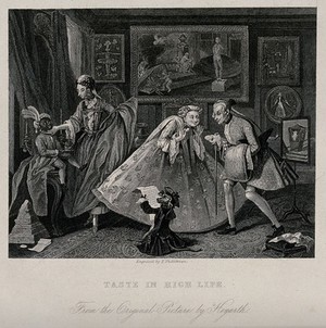 view The interior of a salon with fashionable people in hoop skirts and corsets, and in which even the servant and the dog are dressed up; satire of contemporary fashion. Engraving by T. Phillibrown after W. Hogarth.