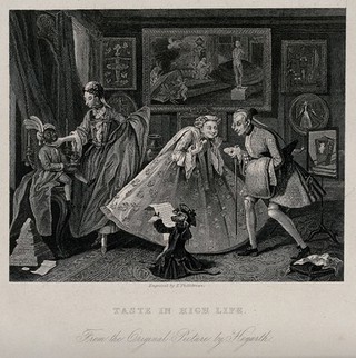 The interior of a salon with fashionable people in hoop skirts and corsets, and in which even the servant and the dog are dressed up; satire of contemporary fashion. Engraving by T. Phillibrown after W. Hogarth.
