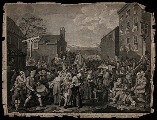 The march to Finchley: the English guards, gathering before marching to Finchley to defend London from the troops of Bonnie Prince Charlie, shown in a state of confusion and indiscipline. Etching by L. Sullivan after W. Hogarth.