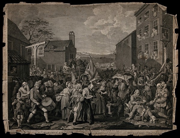 The march to Finchley: English guards, gathering before marching to Finchley to defend London from the troops of Bonnie Prince Charlie, shown in a state of confusion and indiscipline. Etching by L. Sullivan after W. Hogarth.