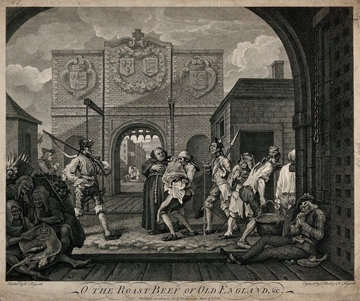 Calais gate: the Host is administered to the sick, and emaciated and ragged French people go about their business. Etching by C. Mosley after W. Hogarth.