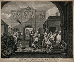 view Calais gate: the Host is administered to sick people, while emaciated and ragged French people go about their business. Etching by C. Mosley after W. Hogarth.