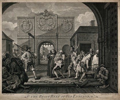 Calais gate: the Host is administered to sick people, while emaciated and ragged French people go about their business. Etching by C. Mosley after W. Hogarth.