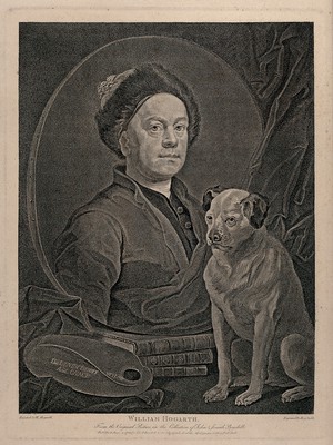 view Self-portrait of W. Hogarth in a Montero cap, with his dog Trump. Stipple engraving by B. Smith after W. Hogarth.