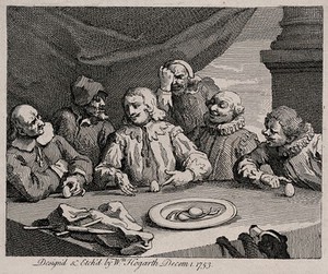 view Columbus breaking the egg; he is surrounded by five men around a dinner table with a plate of eels before them. Etching by William Hogarth.