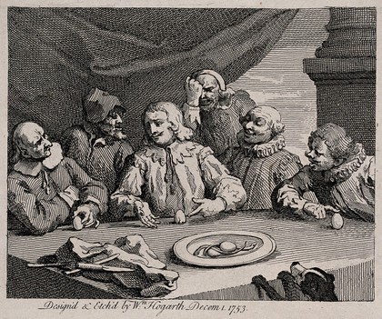 Columbus breaking the egg; he is surrounded by five men around a dinner table with a plate of eels before them. Etching by William Hogarth.