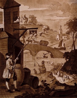 Satire on false perspective: a landscape with absurd situations due to incorrect perspective. Aquatint by Le Coeur after W. Hogarth.