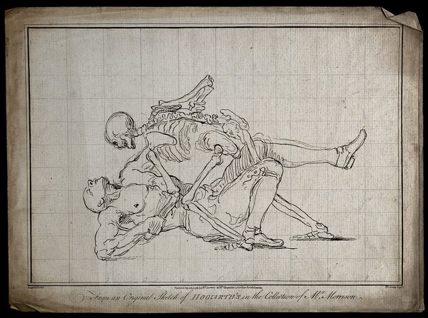 A skeleton (death) wrestling with a man, the skeleton seems to be winning. Engraving by R. Livesay after W. Hogarth.