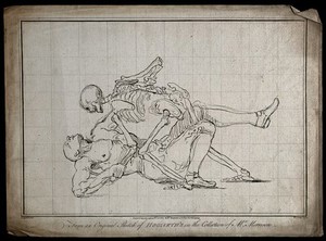 view A skeleton (death) wrestling with a man, the skeleton seems to be winning. Engraving by R. Livesay after W. Hogarth.