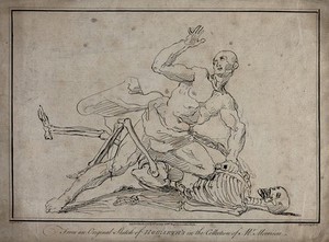 view A skeleton wrestling with a man, the man seems to be winning. Engraving by R. Livesay after W. Hogarth.