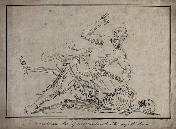 A skeleton wrestling with a man, the man seems to be winning. Engraving by R. Livesay after W. Hogarth.