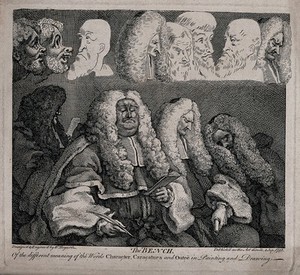 view Four judges in heavy wigs, two of them are fast asleep. Etching by W. Hogarth.