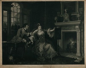 view The lady's last stake: a married lady has lost all her cards to a young officer and has to decide between honour and debts. Stipple engraving by T. Cheesman after W. Hogarth.