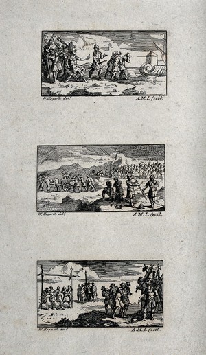 view Three illustrations of Roman military punishment: banishment, degrading punishment, and freemen degraded and sold into slavery. Etchings by A.M.I. after W. Hogarth.