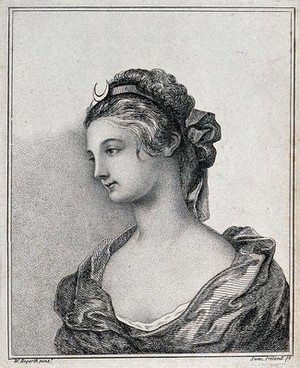 view A young woman with a moon-shaped head-band (Diana). Etching by S. Ireland after W. Hogarth.