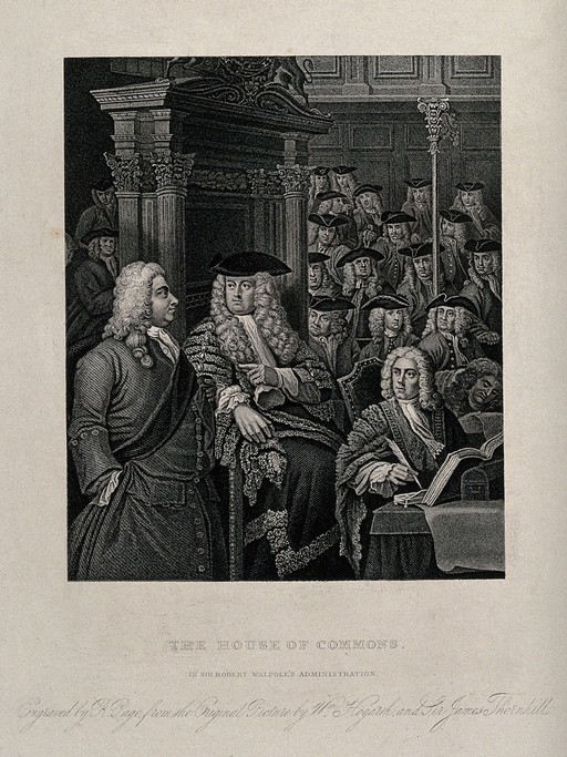 The House of Commons in Sir Robert Walpole's administration. Stipple engraving by R. Page after W. Hogarth and J. Thornhill.