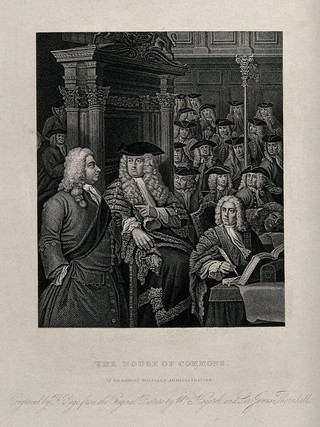 The House of Commons: the Speaker, Arthur Onslow (seated, centre), calling upon Sir Robert Walpole (left) to speak. Stipple engraving by R. Page after W. Hogarth and J. Thornhill.