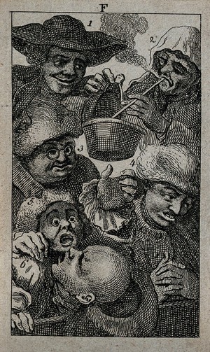 view Detail of an audience at a cockfight with a man lighting his pipe. Etching by E. Riepenhausen after W. Hogarth.