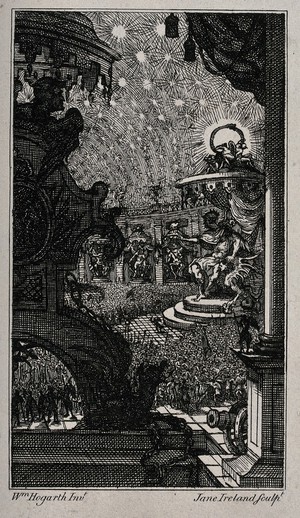 view The council in hell: the fallen angels, persuaded by Satan, decide to pursue the battle against God. Etching by J. Ireland after W. Hogarth.