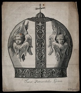 A Greek patriarchal tiara in the shape of an imperial crown from the collection of John Talman. Engraving by W. Hogarth.