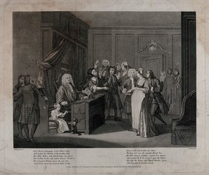 view A paternity suit: in a courtroom, a judge, a guilty looking woman, an enraged wife, and the supposed father. Engraving by T. Cook after W. Hogarth.