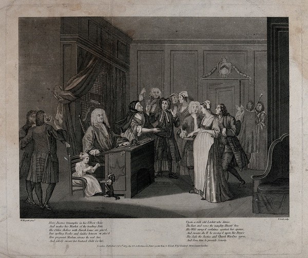 A paternity suit: in a courtroom, a judge, a guilty looking woman, an enraged wife, and the supposed father. Engraving by T. Cook after W. Hogarth.