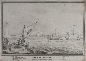 view William Hogarth embarking on a boat in the Thames near Sheerness, accompanied by four friends. Etching by R. Livesay after S. Scott and W. Hogarth.